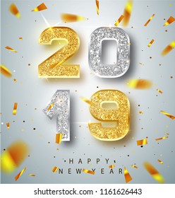 Happy New Year 2019 Greeting Card with Gold and Silver Numbers on White Background. Vector Illustration. Merry Christmas Flyer or Poster Design. Banner with 2019 Numbers on Bright Background. Vector.