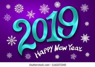 Happy New Year 2019. Greeting card. two thousand and nineteen. tape blue number on violet background. snowflakes Vector illustration art