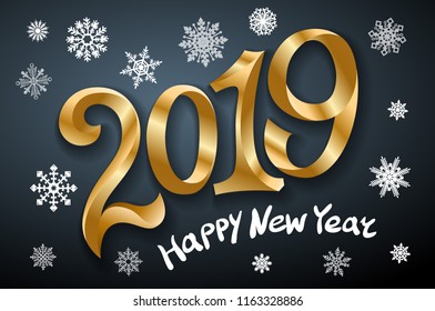 Happy New Year 2019. Greeting card. two thousand and nineteen. tape gold number on black background. snowflakes Vector illustration art