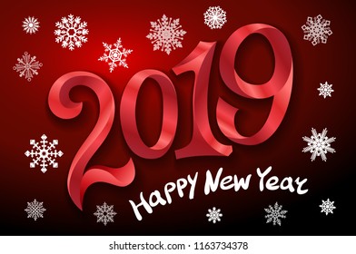 Happy New Year 2019. Greeting card. two thousand and nineteen. tape Red number on dark background. snowflakes Vector illustration art