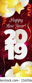 Happy New Year 2019 greeting vertical banner. Festive illustration with colorful confetti, party popper and sparkles. Vector