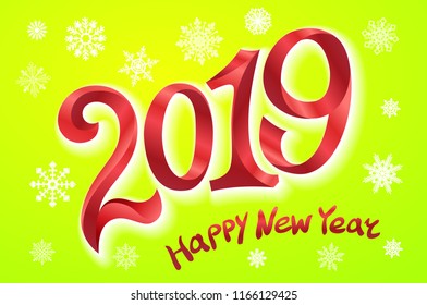Happy New Year 2019. Greeting card. two thousand and nineteen. tape Red number on green background. snowflakes Vector illustration art