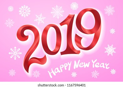 Happy New Year 2019. Greeting card. two thousand and nineteen. tape red number on pink background. snowflakes Vector illustration art