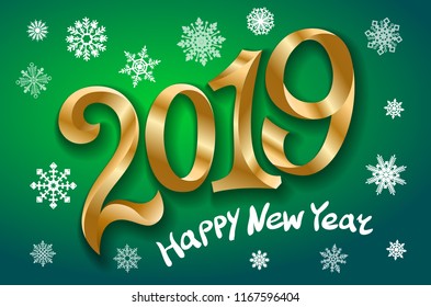 Happy New Year 2019. Greeting card. two thousand and nineteen. tape gold number on green background. snowflakes Vector illustration art
