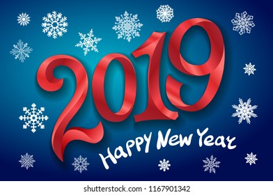 Happy New Year 2019. Greeting card. two thousand and nineteen. tape Red number on blue background. snowflakes Vector illustration art