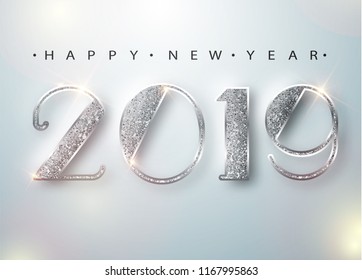 Happy New Year 2019 Greeting Card with Silver Numbers on White Background. Vector Illustration. Merry Christmas Flyer or Poster Design. Vector 10 EPS