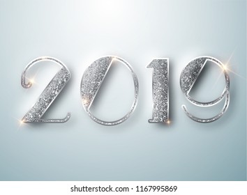 Happy New Year 2019 Greeting Card with Silver Numbers on White Background. Vector Illustration. Merry Christmas Flyer or Poster Design. Vector 10 EPS