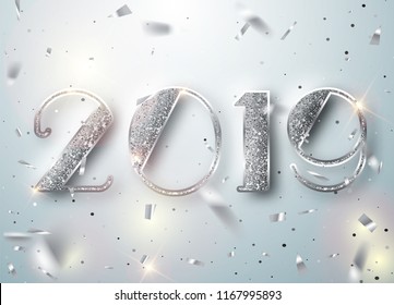 Happy New Year 2019 Greeting Card with Silver Numbers and Confetti Frame on White Background. Vector Illustration. Merry Christmas Flyer or Poster Design. Vector 10 EPS