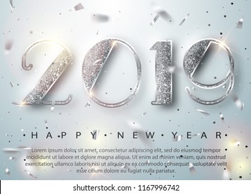 Happy New Year 2019 Greeting Card with Silver Numbers and Confetti Frame on White Background. Vector Illustration. Merry Christmas Flyer or Poster Design. Vector 10 EPS