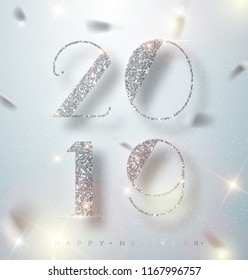 Happy New Year 2019 Greeting Card with Silver Numbers and Confetti Frame on White Background. Vector Illustration. Merry Christmas Flyer or Poster Design. Vector 10 EPS