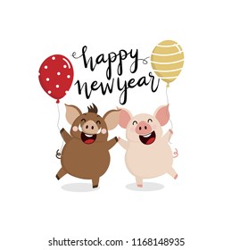 Happy new year 2019 greeting card. Cute pig and boar with Christmas balloon. Animal holidays cartoon character vector.