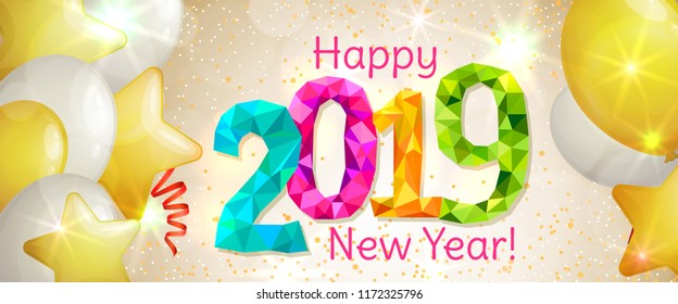 Happy New Year 2019 greeting horizontal banner. Festive illustration with colorful confetti, party popper and sparkles. Vector