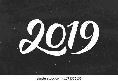 Happy New Year 2019 greeting card design with typography text on black chalkboard background. Vintage vector illustration with hand drawn lettering for Chinese Year of the Pig.