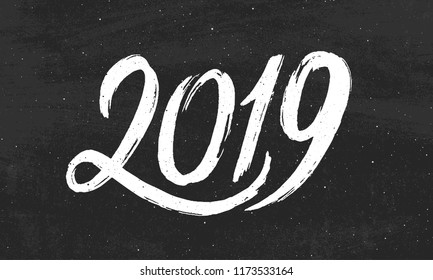 Happy New Year 2019 greeting card design with typography text on black chalkboard background. Vintage vector illustration with hand drawn lettering for Chinese Year of the Pig.