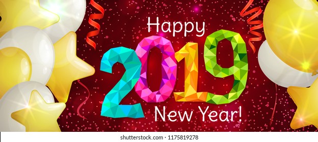 Happy New Year 2019 greeting horizontal banner. Festive illustration with colorful confetti, party popper and sparkles. Vector