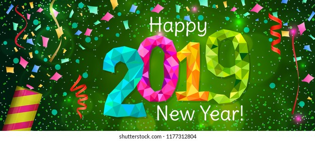 Happy New Year 2019 greeting horizontal banner. Festive illustration with colorful confetti, party popper and sparkles. Vector