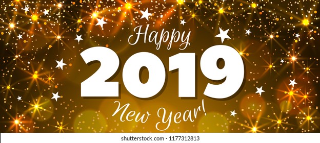 Happy New Year 2019 greeting horizontal banner. Festive illustration with colorful confetti, party popper and sparkles. Vector