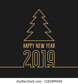 Happy new year 2019 greeting card. Golden text and number on dark black background. Minimalist style typography composition. Vector illustration.