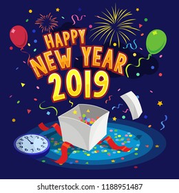 Happy new year 2019 greeting card with balloons, fireworks, gift box and confetti on dark blue background. Flat design illustration.
