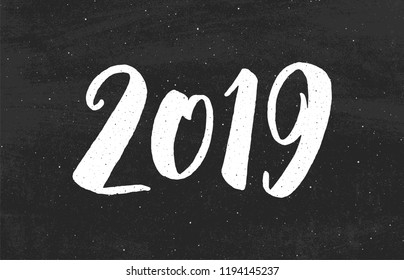 Happy New Year 2019 greeting card design with typography text on black chalkboard background. Vintage vector illustration with hand drawn lettering for Chinese Year of the Pig.