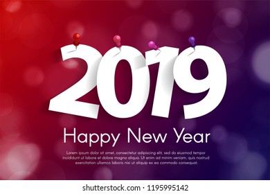 Happy New Year 2019 greeting card concept with paper cuted white numbers. Vector illustration