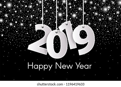 Happy New Year 2019 greeting card concept with paper cuted white numbers on ropes. Vector illustration