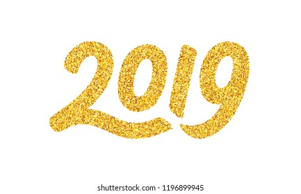 Happy New Year 2019 greeting card design template with golden text isolated on white background. Calligraphy for chinese year of the pig. Vector illustration