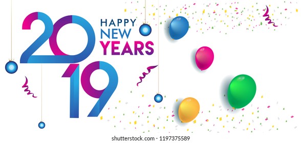 Happy new year 2019 Greeting card, 2019 modern logotype with balloon and confetti, vector illustration