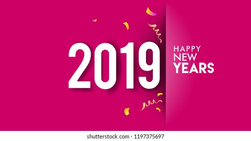 Happy new year 2019 Greeting card, 2019 modern logotype with balloon and confetti, vector illustration