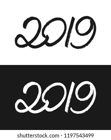 Happy New Year 2019 greeting card template. Handwritten calligraphy number isolated on black and white backgrounds. Vector illustration for chinese year of the pig.