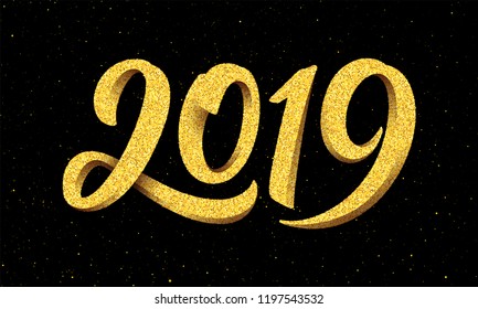 Happy New Year 2019 greeting card design with gold 3D typography on black background with glitters. Calligraphy for chinese year of the pig. Vector illustration