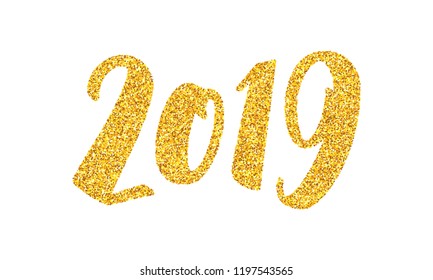 Happy New Year 2019 greeting card design template with golden text isolated on white background. Calligraphy for chinese year of the pig. Vector illustration