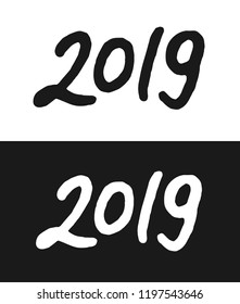 Happy New Year 2019 greeting card template. Handwritten calligraphy number isolated on black and white backgrounds. Vector illustration for chinese year of the pig.