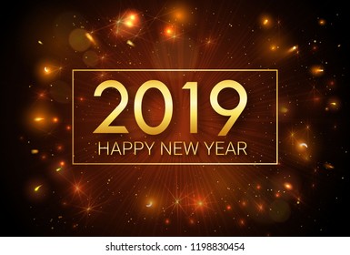 Happy New Year 2019. Greeting golden inscription on the background of fireworks. An explosion of fireworks against a dark background. Template for greeting cards, banners, invitations.