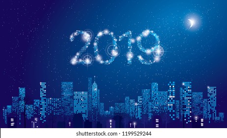 Happy New Year 2019 greeting card. City Lights. Vector illustration of city with lighting windows, the moon, and houses in winter time. Holidays concept. 