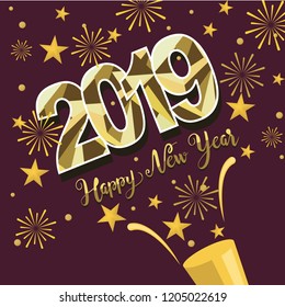 Happy New Year 2019 Greeting Card Star Fireworks Trumpet