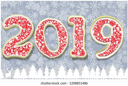 Happy New Year 2019 greeting card template. Vector creative numbers with winter holidays pattern on blue background with snowflakes, white trees and reindeer.