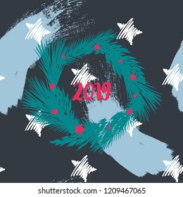 Happy New Year 2019 Greeting Card with Evergreen Tree Wheel