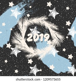 Happy New Year 2019 Greeting Card with Evergreen Tree Wheel