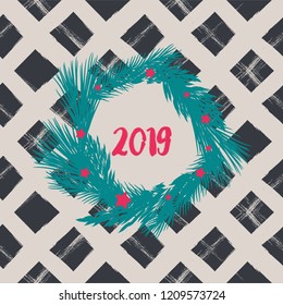 Happy New Year 2019 Greeting Card with Evergreen Tree Wheel