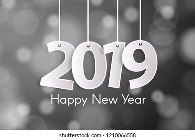 Happy New Year 2019 greeting card concept with paper cuted white numbers on ropes. Vector illustration