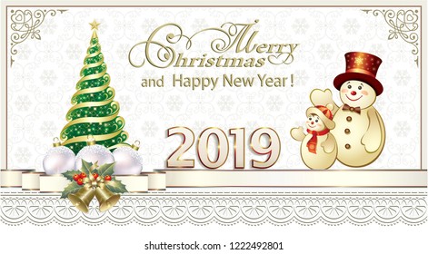 Happy New Year 2019. Greeting card with a Christmas tree and decorations. Vector illustration