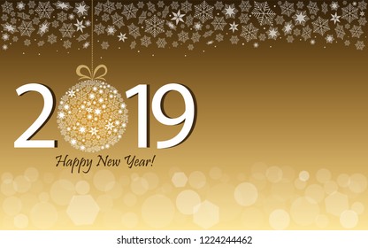 Happy New Year 2019 greeting gold design. Vector illustration with date 2019 and text "Happy New Year", snowflakes and bokeh light