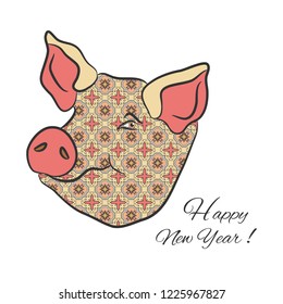 Happy New Year 2019, greeting card with Chinese Zodiac sign of Pig, colorful ornamental pattern. Hand drawn animal, cartoon vector illustration, isolated element