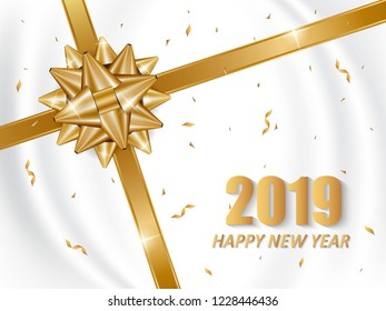 Happy New Year 2019 greeting background, with golden gift bow.
