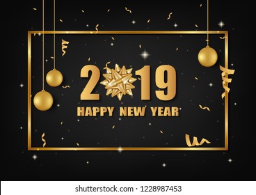 Happy New Year 2019 greeting background, with golden gift bow.