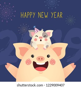 Grußkarte für das neue Jahr 2019. Cute Cartoon Schweine feiern neues Jahr mit Feuerwerken. Jahr der Vektorillustration der Schweine.