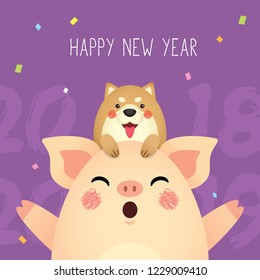 Happy New Year 2019 greeting card. Good bye 2018. Cute cartoon pig and dog on purple background. Year of the pig vector illustration.