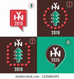 Happy New Year 2019 Greeting Icons Inverted Set with HNY Logo Lettering Fir Tree and Speech Bubbles - Black Brown Green Red and White on Dots Wallpaper Background - Vector Mixed Graphic Design