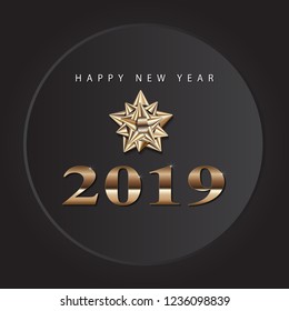 Happy new year 2019 greeting card or poster template flyer or invitation design. With elegant gold ribbin or gift bow and text.Vector Illustration.

